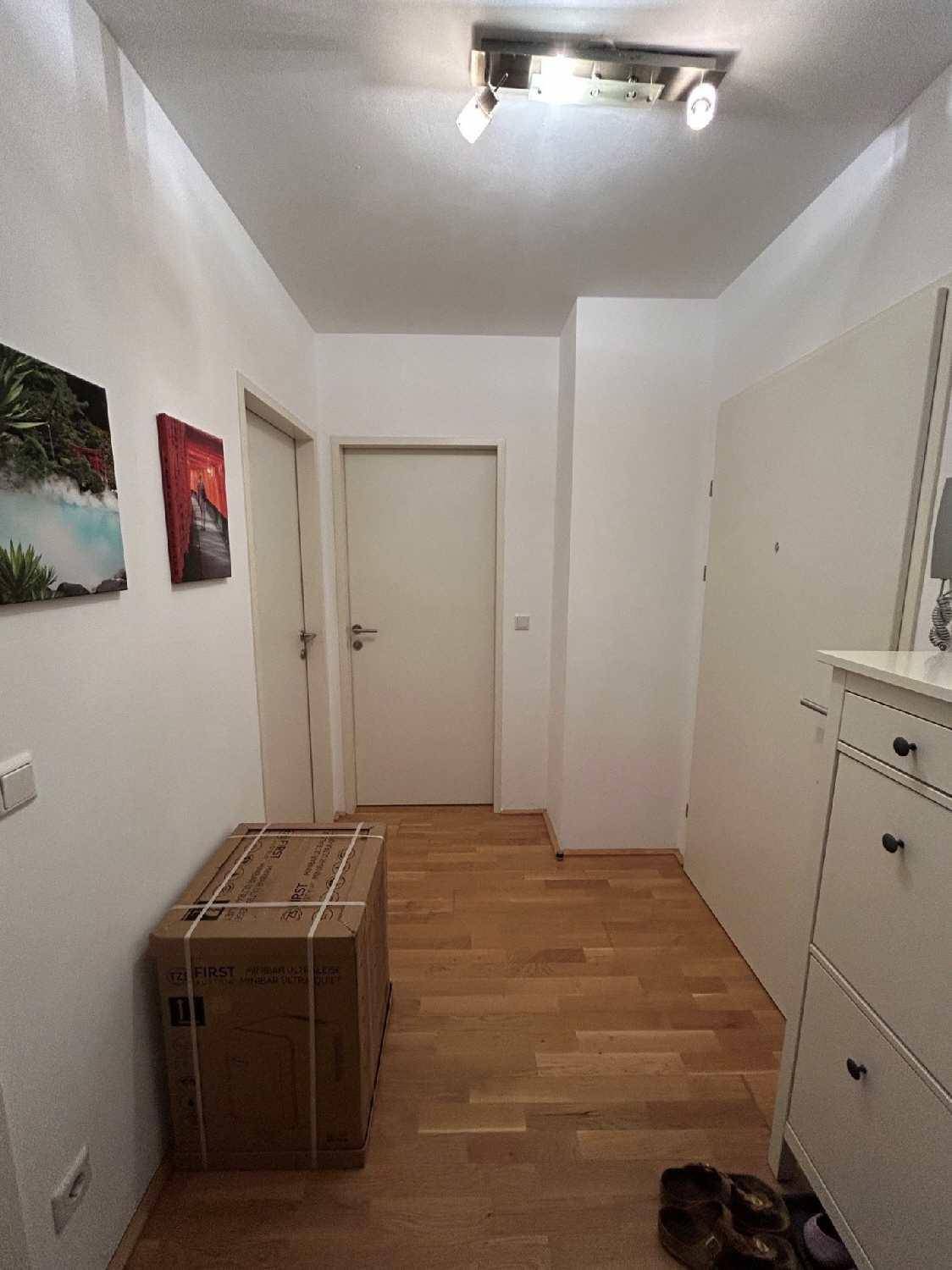 Heller Flur mit Holzfußboden, weiß gestrichenen Wänden und einem Schuhschrank.