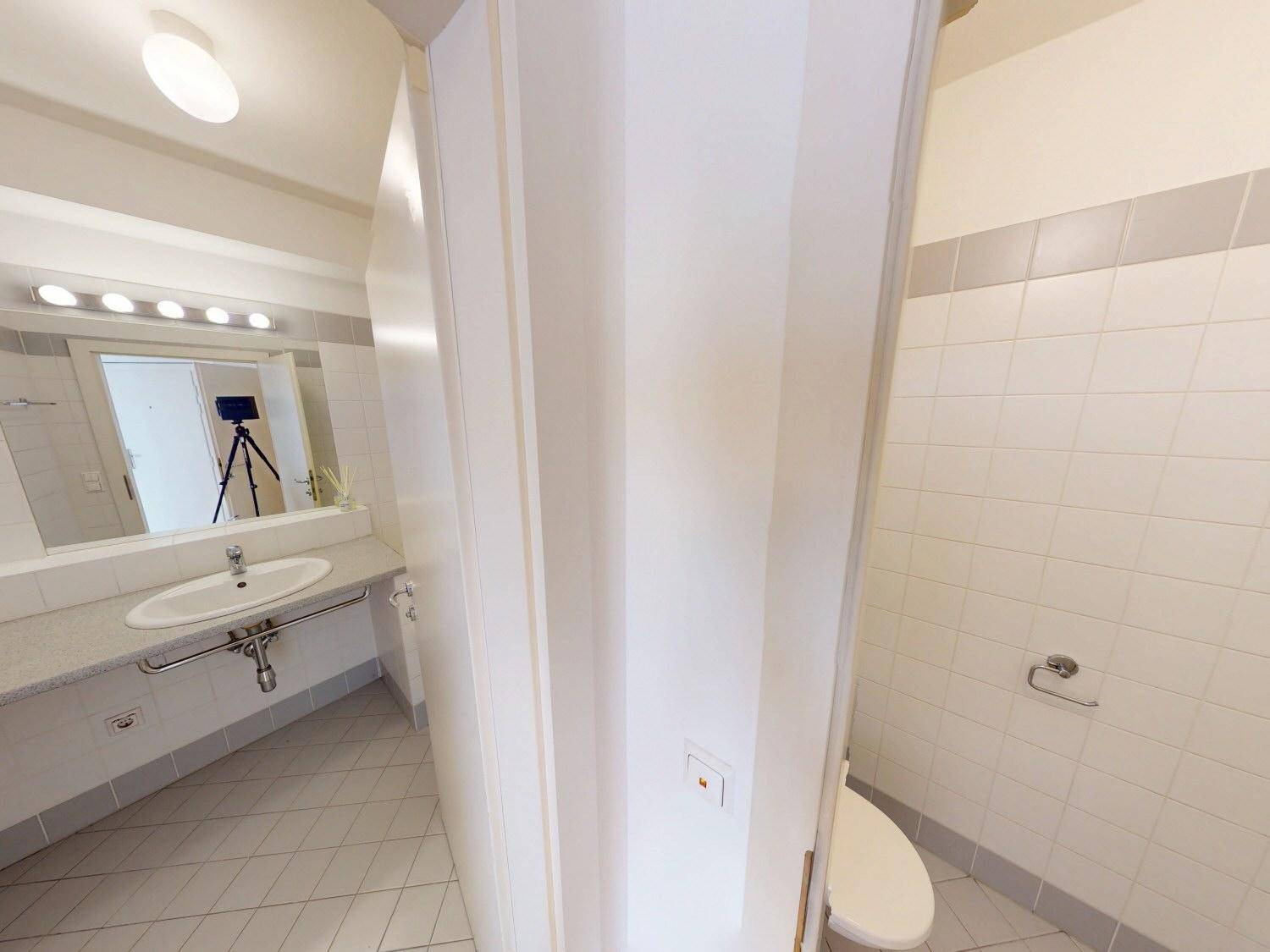 Badezimmer mit WC, Einzelwaschbecken und großem Spiegel, in hellen Fliesen gehalten.