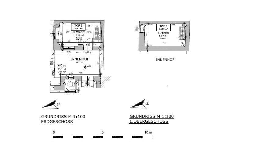 Grundrisse für Erdgeschoss und 1. Obergeschoss mit Zimmern und WC.
