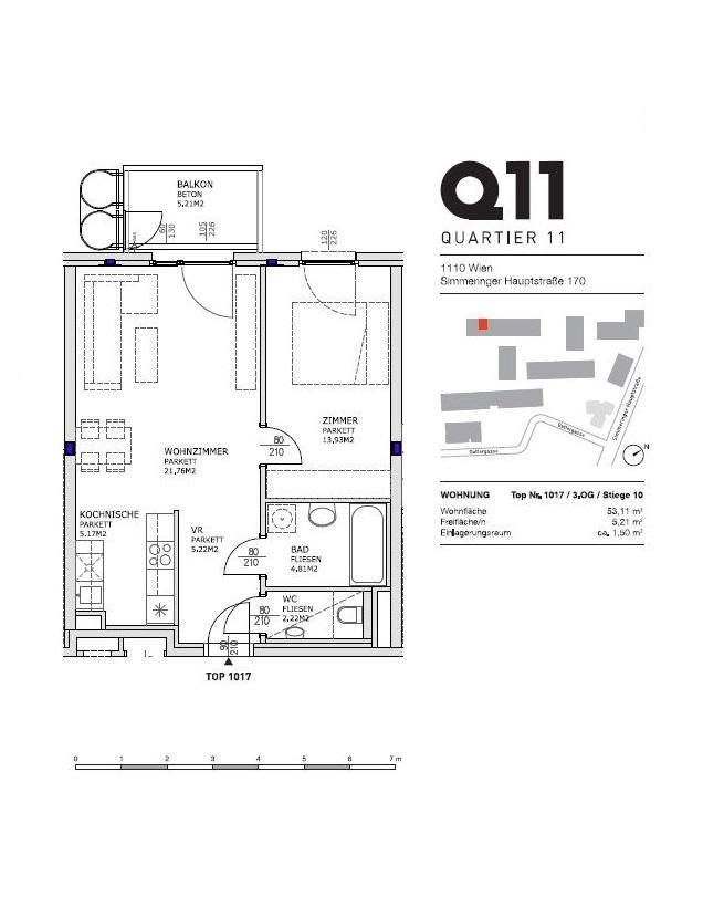 Detaillierter Grundriss der Wohnung Top 1017 mit Aufteilung in Wohnzimmer, Zimmer, Küche, Bad und WC.