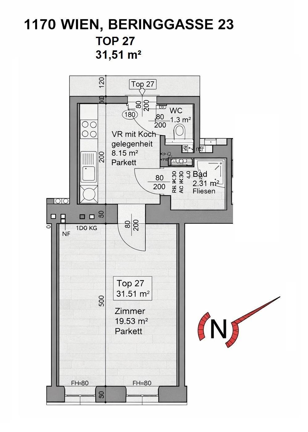 Grundriss der Wohnung Top 27 mit Zimmer, Kochgelegenheit, Bad und WC.