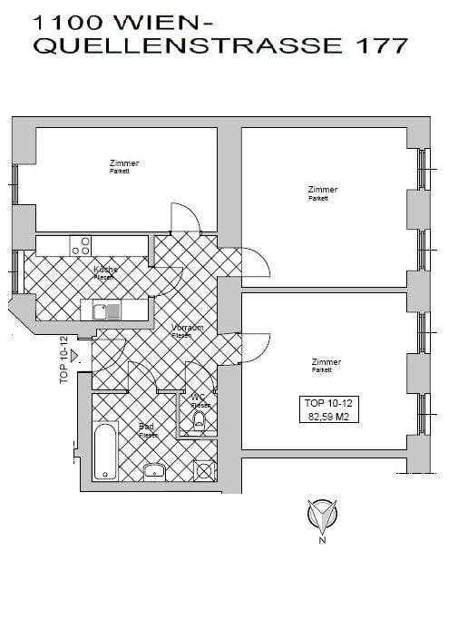 Grundrissplan einer Wohnung mit drei Zimmern, Küche, Bad und separatem WC.