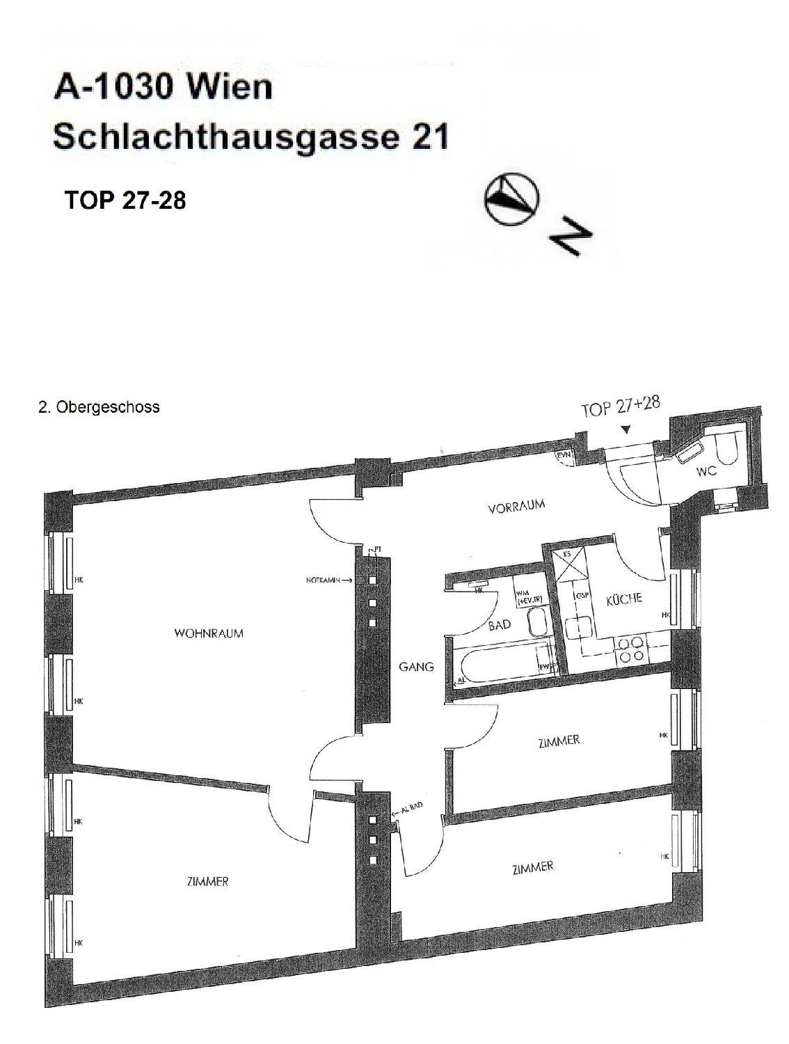Grundriss der Wohnung Top 27+28 im 2. Obergeschoss mit Wohnraum, Küche und Zimmern.