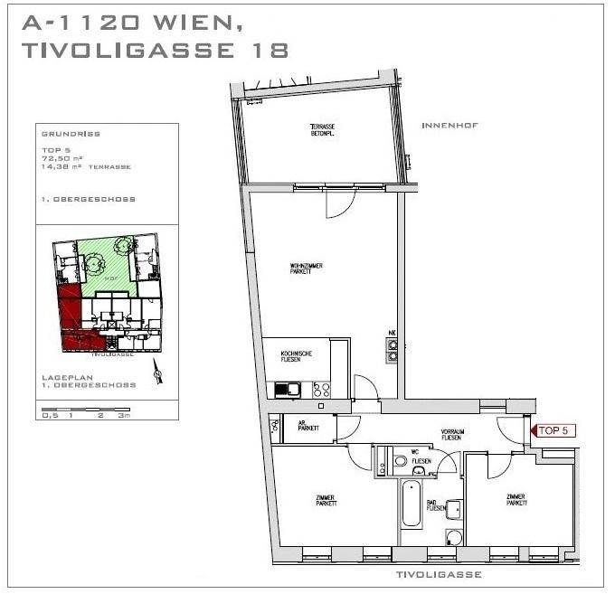 Grundriss der Wohnung Top 5 mit Terrasse und Innenhofblick.