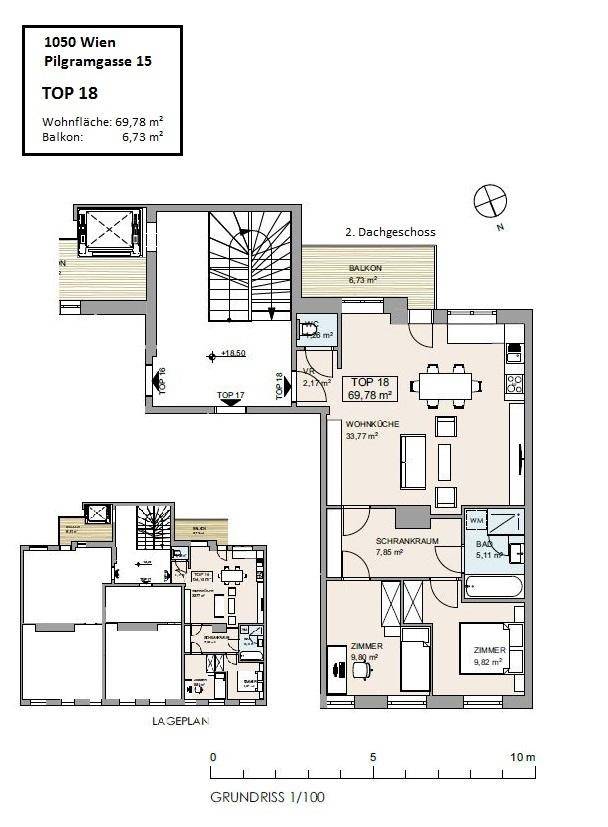 Detaillierter Grundriss einer Wohnung mit 69,78 m² Wohnfläche und Balkon.