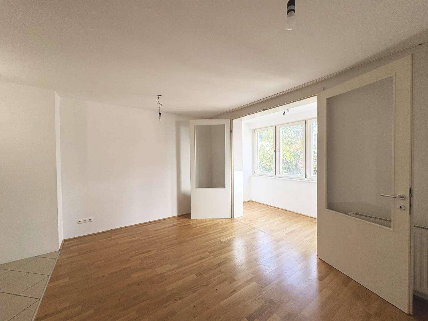 Lichtdurchfluteter, leerer Wohnraum mit Parkettboden und großen Fenstern, die viel Tageslicht hereinlassen.