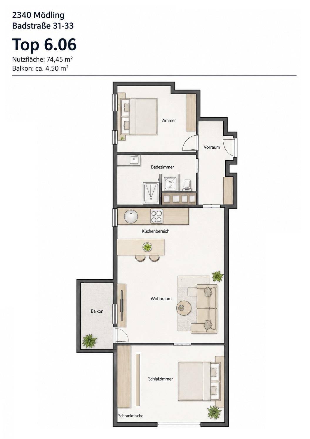 Grundriss der Wohnung Top 6.06 mit 74,45 m² Nutzfläche und Balkon.