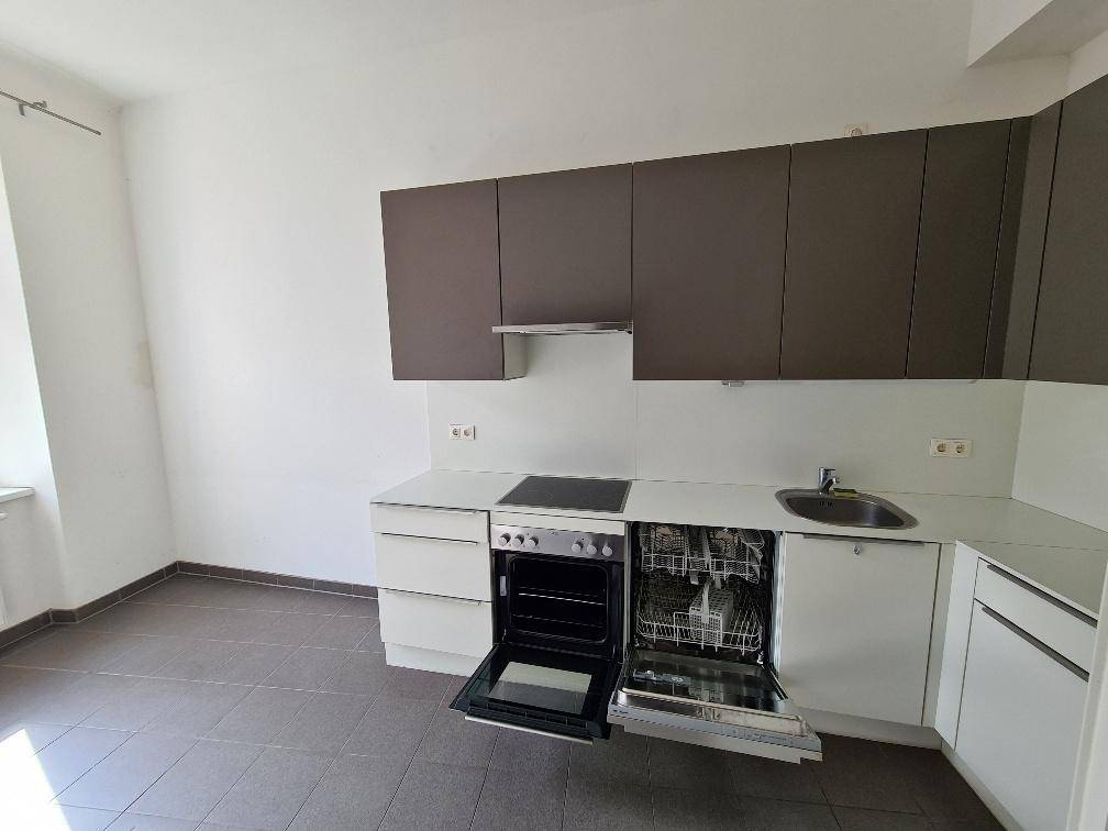 Detailansicht der Einbauküche mit Geschirrspüler, Backofen und Kochfeld.