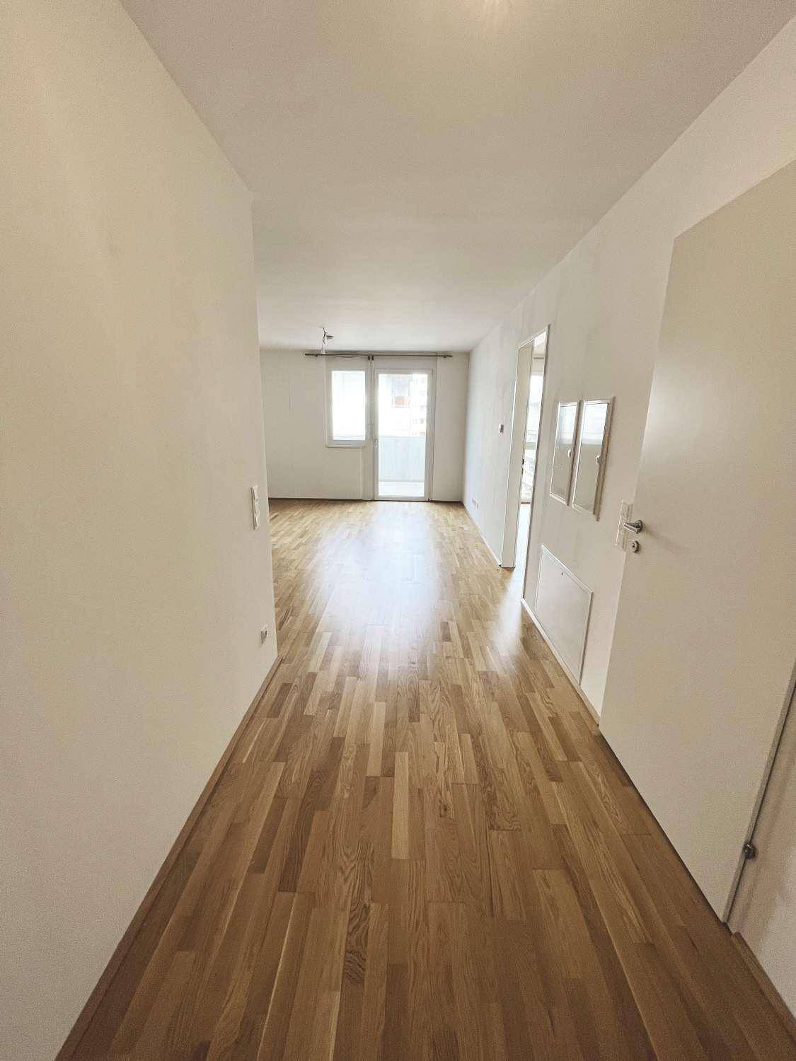 Heller Flur mit Parkettboden, der zu den Wohnräumen führt und einen Blick zum Balkon ermöglicht.
