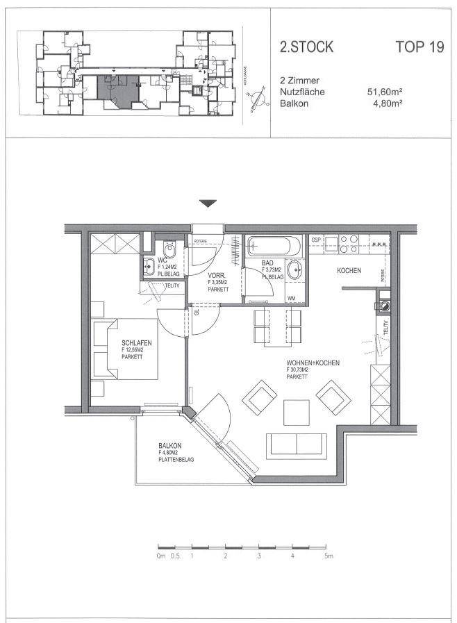 Detaillierter Grundriss einer 2-Zimmer-Wohnung mit Balkon und separatem WC im zweiten Stock.