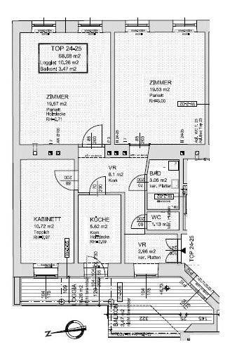 Grundriss der Wohnung TOP 24-25 mit Loggia und Balkon, zeigt Zimmeraufteilung.