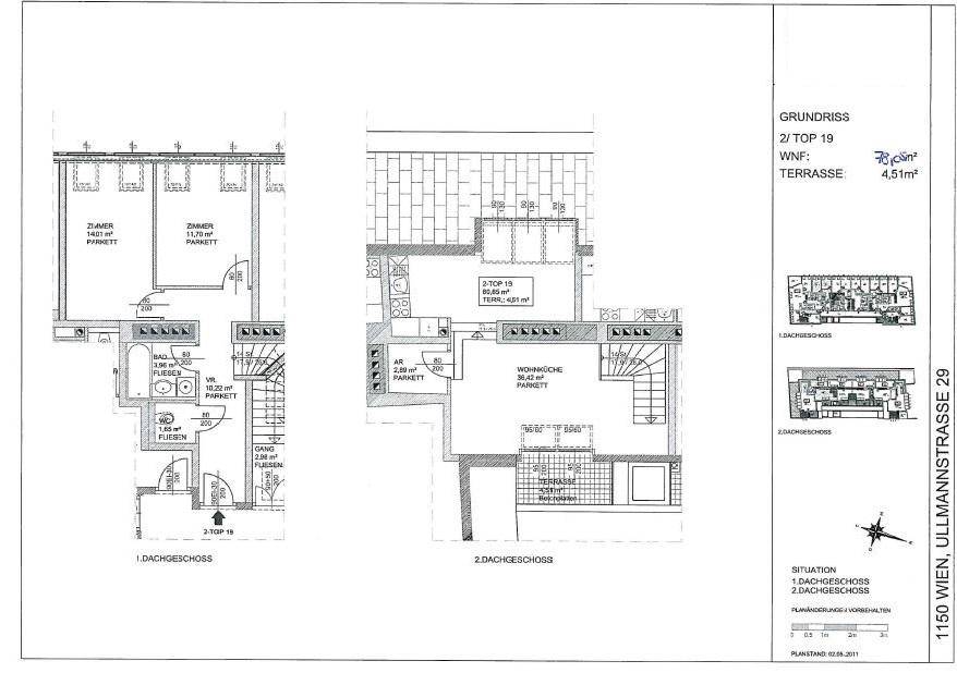 Grundriss des Dachgeschosses mit zwei Ebenen, Terrasse und verschiedenen Zimmern.