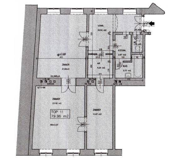Grundriss einer Wohnung mit drei Zimmern, Küche, Bad und separatem WC, effizient aufgeteilt.