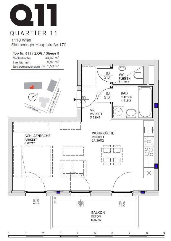 Detaillierter Grundriss einer Wohnung mit Wohnküche, Schlafzimmer, Bad und Balkon.