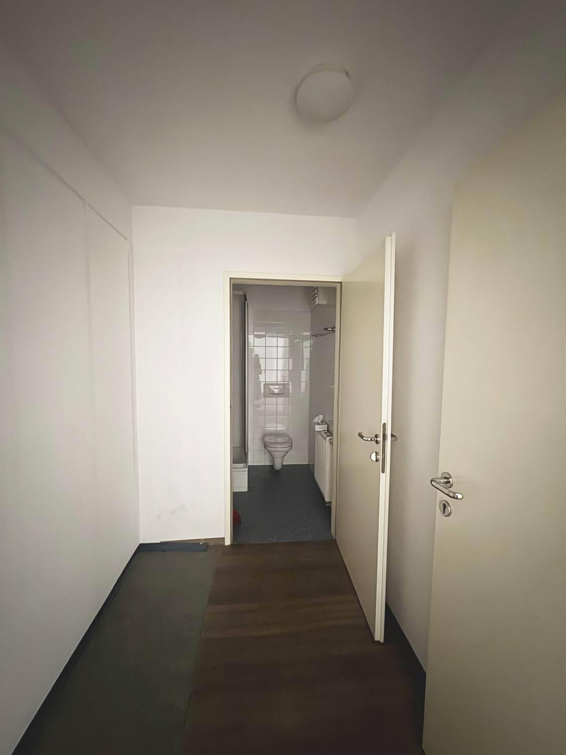Heller Flur mit Holzboden, der zu einem Badezimmer mit Toilette führt.