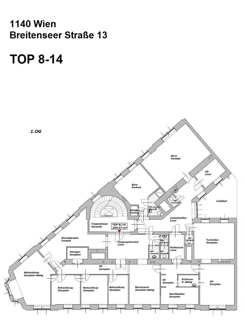 Grundriss für die Gewerbeeinheiten TOP 8-14 im ersten Obergeschoss mit verschiedenen Räumen.