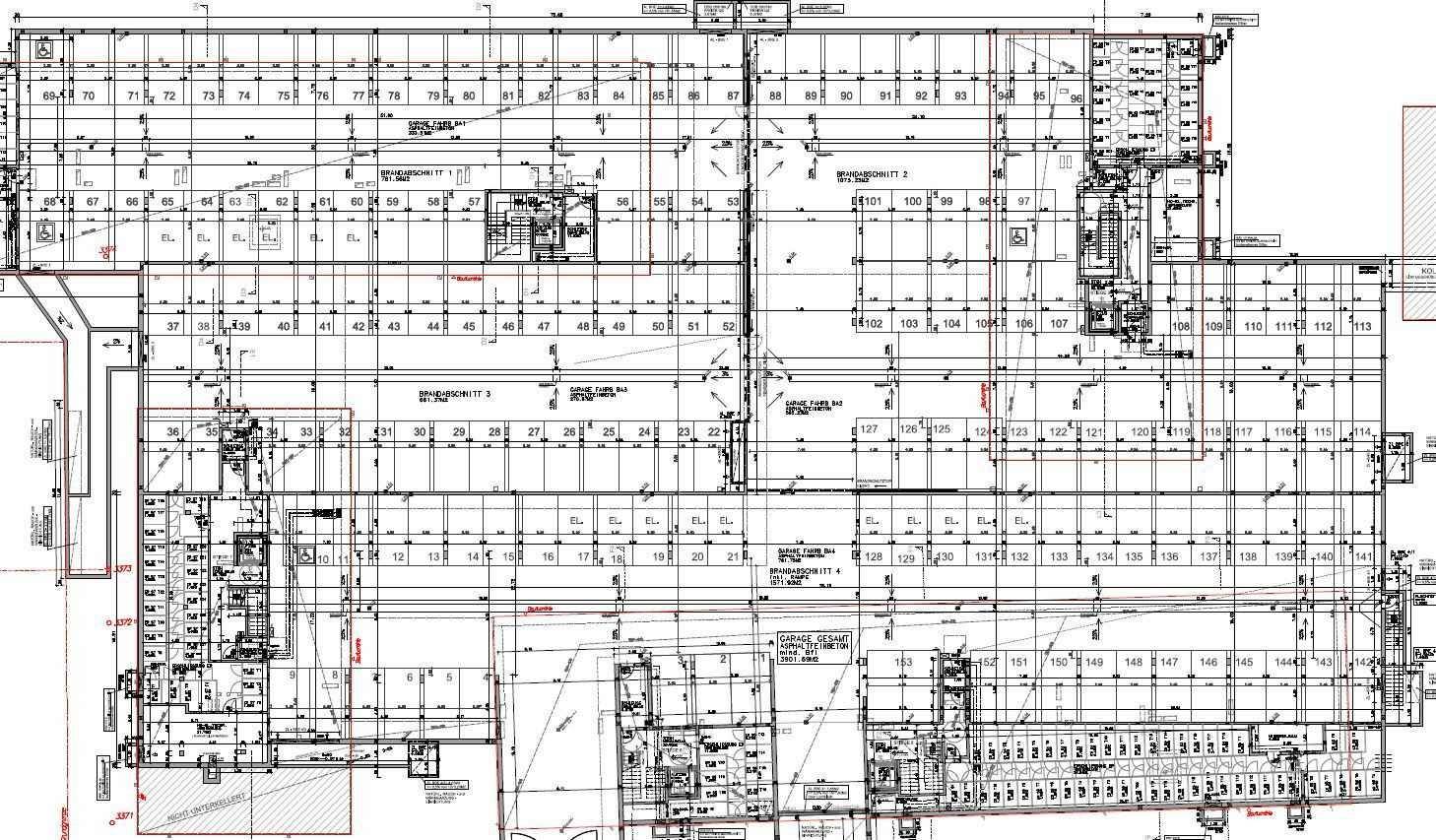 Detaillierter Grundrissplan eines großen Gebäudekomplexes, wahrscheinlich einer Tiefgarage.