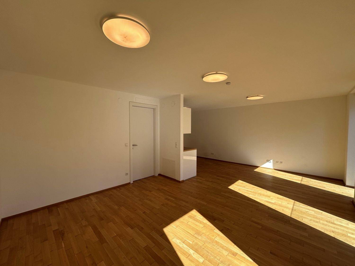 Geräumiger, heller Wohnbereich mit Holzboden und einer Tür, die zu einem weiteren Raum führt.