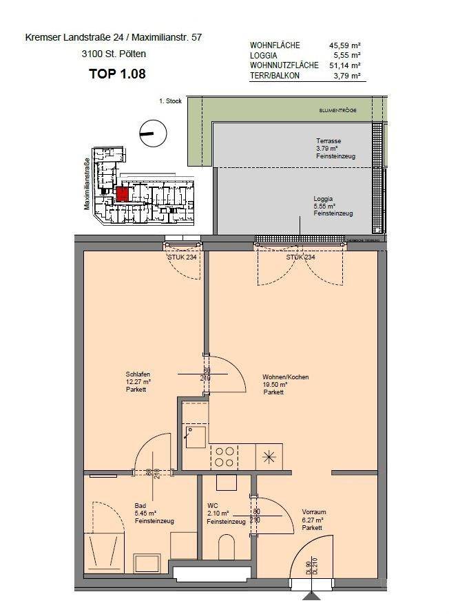 Grundriss der Wohnung mit Wohnküche, Schlafzimmer, Bad und Loggia.