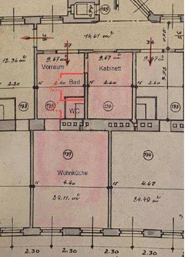 Detaillierter Grundriss mit Raumaufteilung für Vorraum, Bad, WC, Kabinett und Wohnküche.