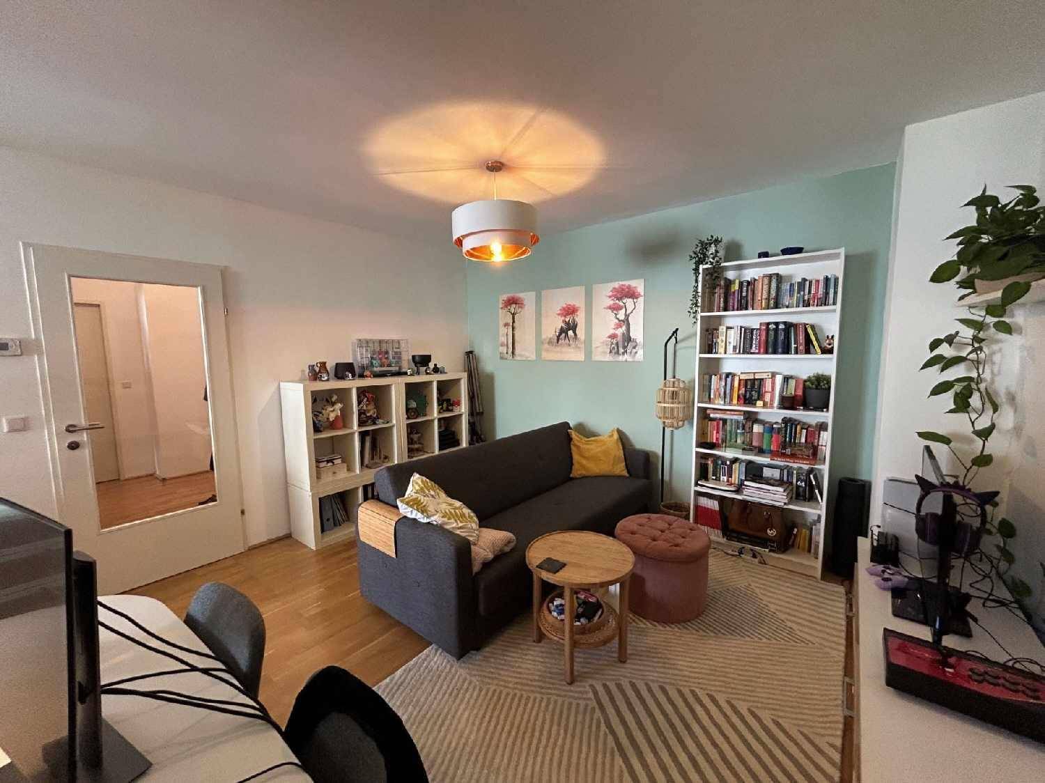 Gemütliches Wohnzimmer mit Sofa, Bücherregal und einer hellgrünen Akzentwand.