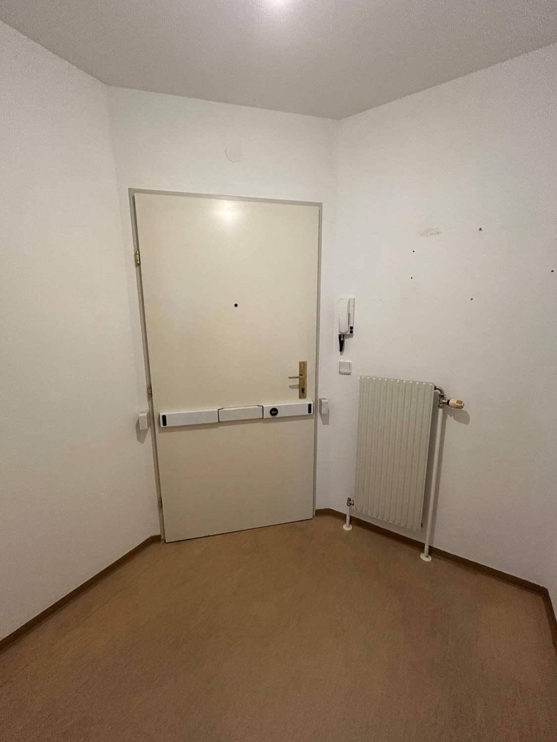 Eingangsbereich mit einer Sicherheitstür, Heizkörper und hellem Boden, bietet einen funktionalen Empfang.