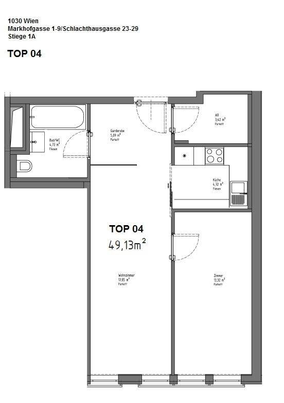 Grundriss der Wohnung TOP 04 mit 49,13 m² Wohnfläche und Raumaufteilung.