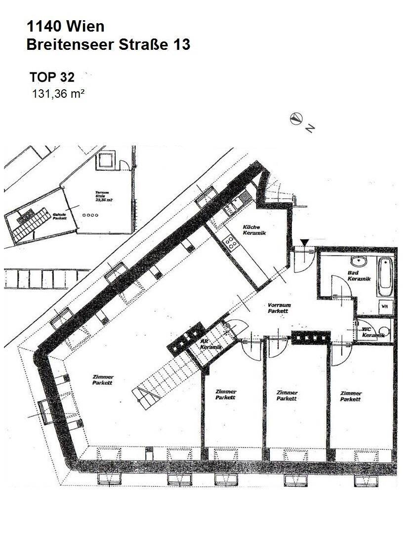 Grundriss einer Maisonette-Wohnung mit 131,36 m², Parkettböden und separater Küche.