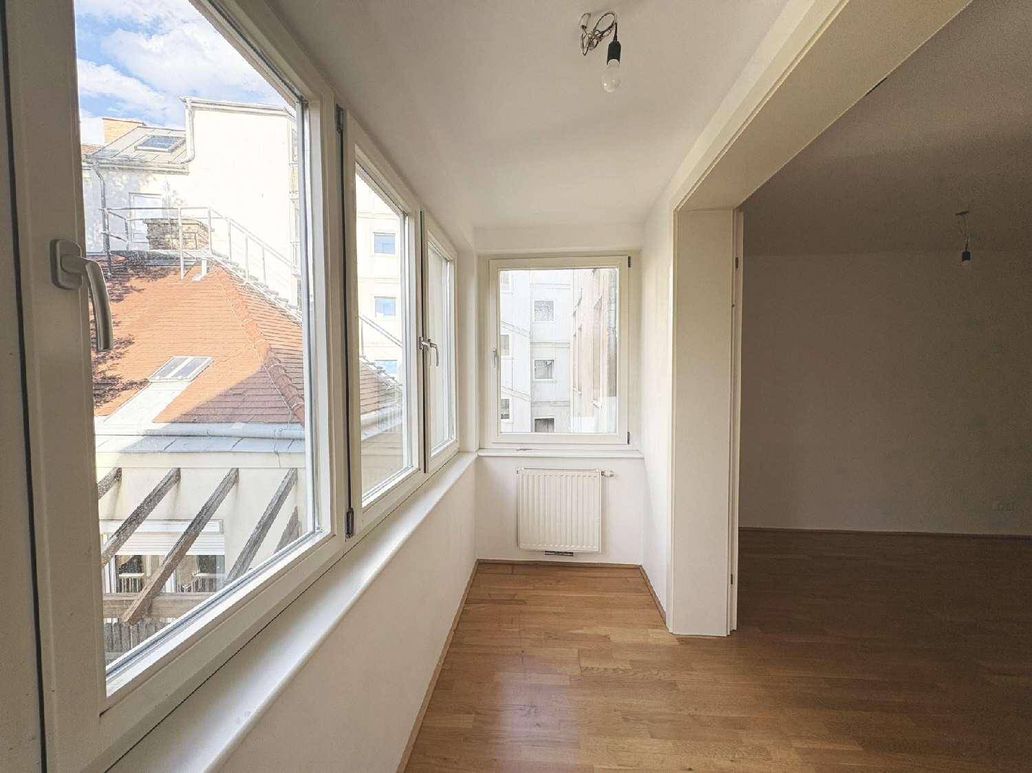 Heller, schmaler Raum mit vielen Fenstern, Parkettboden und einem Heizkörper, mit Blick auf Dächer.