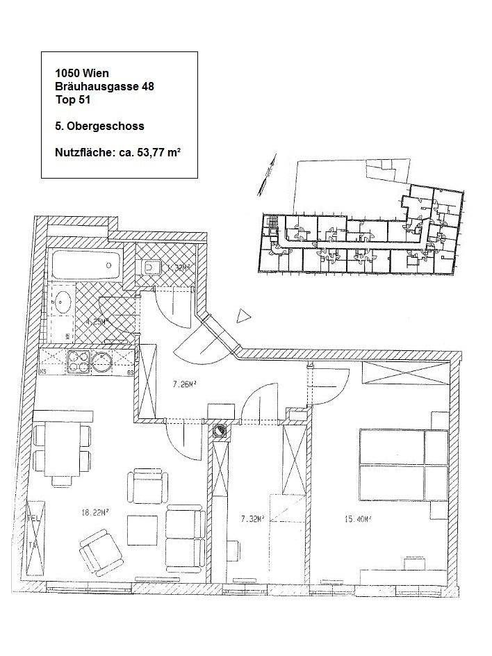 Detaillierter Grundriss der Wohnung im 5. Obergeschoss mit einer Nutzfläche von ca. 53,77 m².