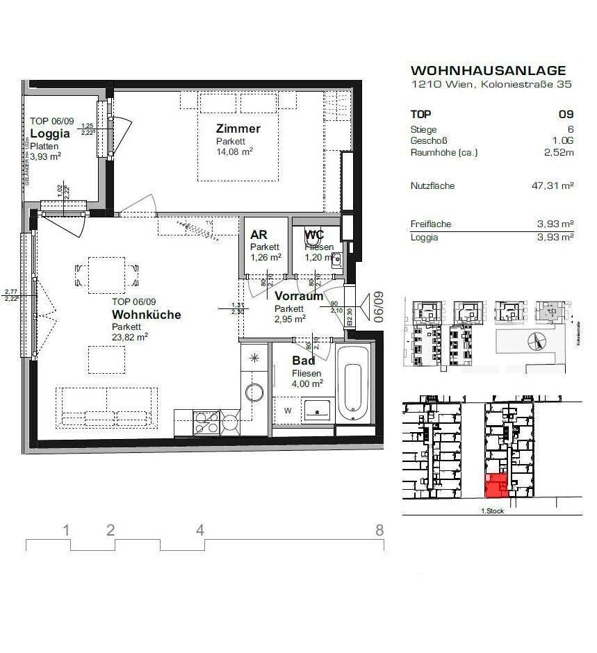 Grundriss einer Wohnung mit Wohnküche, Zimmer, Bad und Loggia.