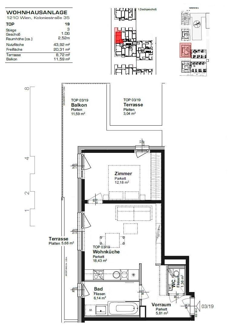 Grundriss der Wohnung mit Zimmern, Wohnküche, Bad und Außenbereichen wie Balkon und Terrasse.