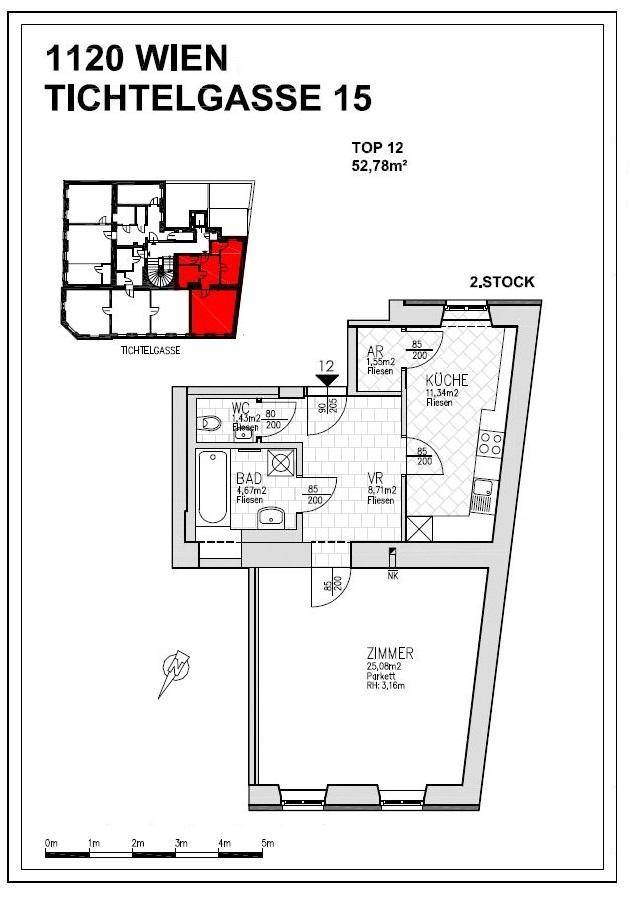 Grundriss der Wohnung Top 12 mit 52,78m² und Raumaufteilung.