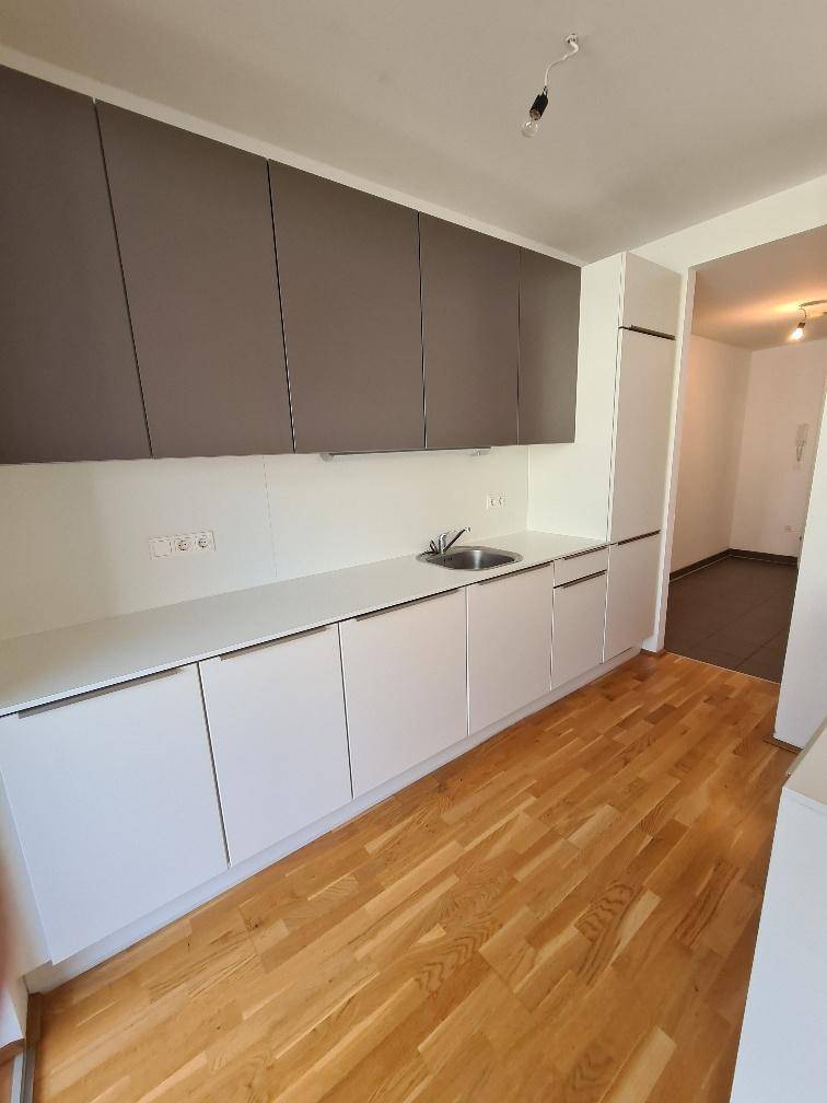 Moderne Küchenzeile mit Spüle und Hängeschränken in Grau und Weiß, mit Parkettboden.