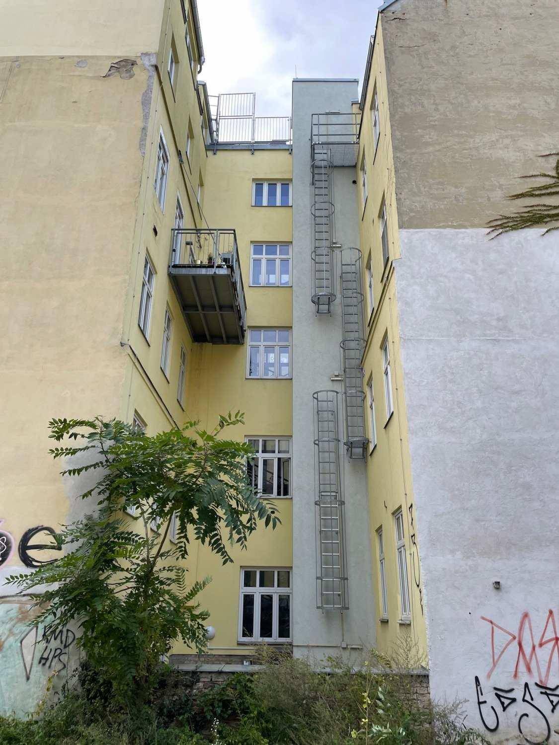 Nahaufnahme des Hinterhofs mit einem Balkon, einer Feuerleiter und viel Grün.