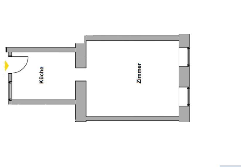 Einfacher Grundriss mit separater Küche und einem Zimmer.