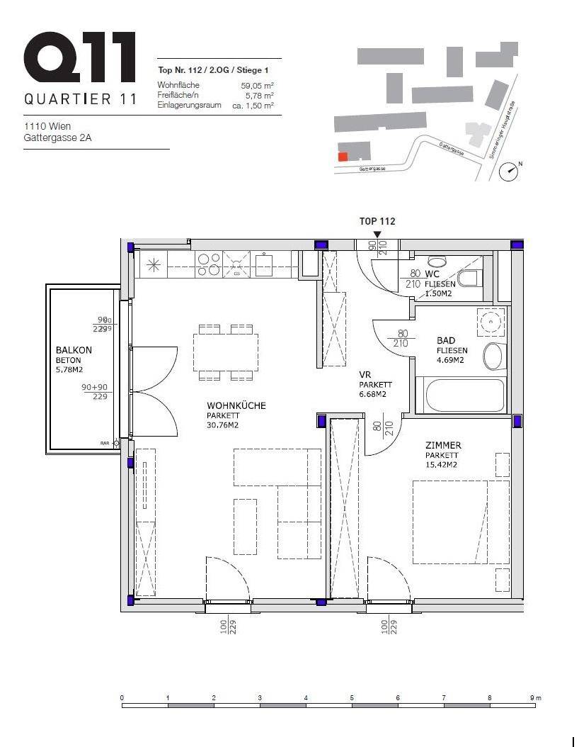 Grundriss einer Wohnung mit offener Wohnküche, Schlafzimmer und Balkon.