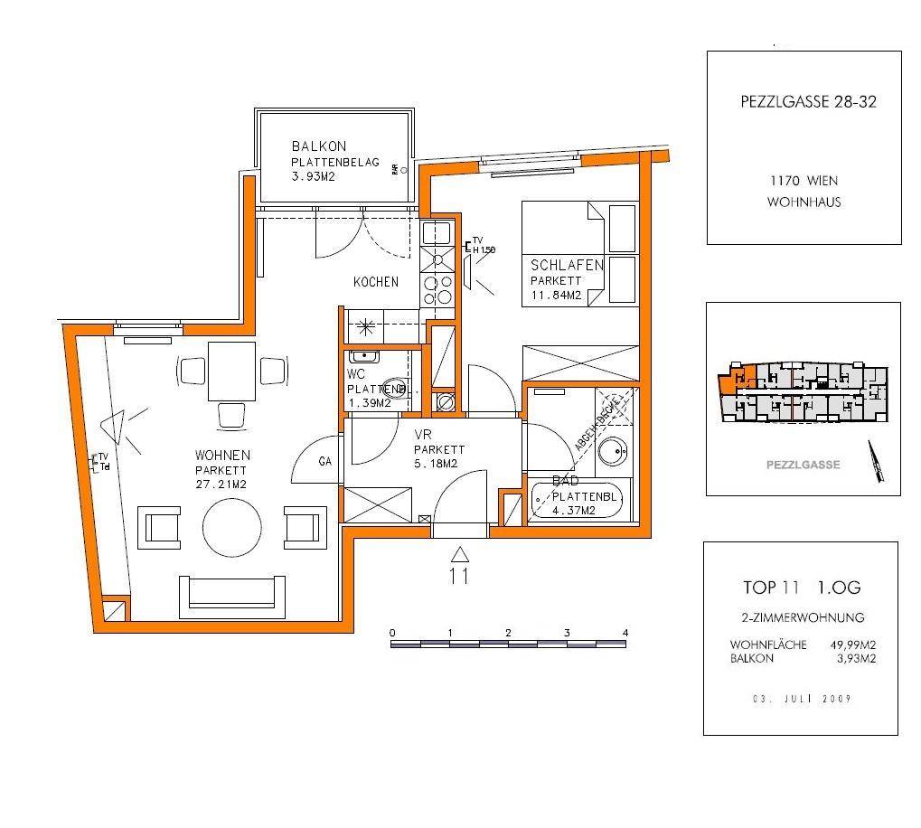 Grundriss einer 2-Zimmer-Wohnung mit Balkon, separatem WC und offenem Wohnbereich.