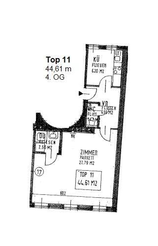 Grundriss für Top 11 mit Zimmer, Küche, WC und Duschbereich.