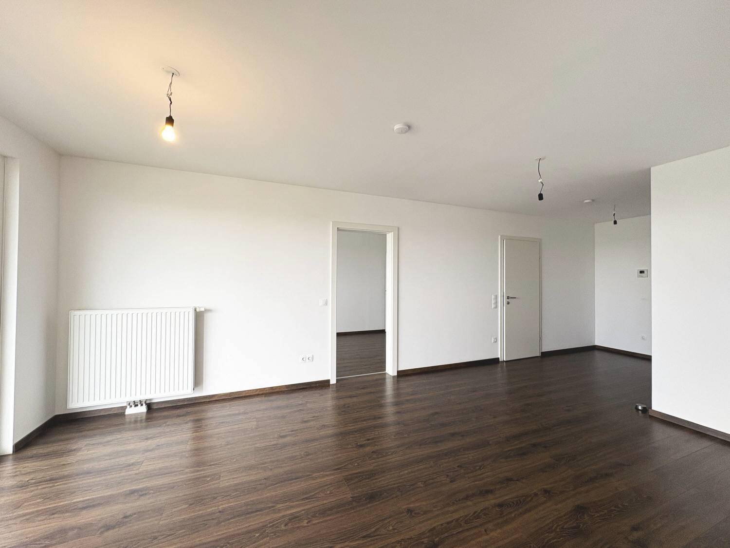 Heller, leerer Raum mit dunklem Laminatboden, weißen Wänden und einem Heizkörper unter dem Fenster.