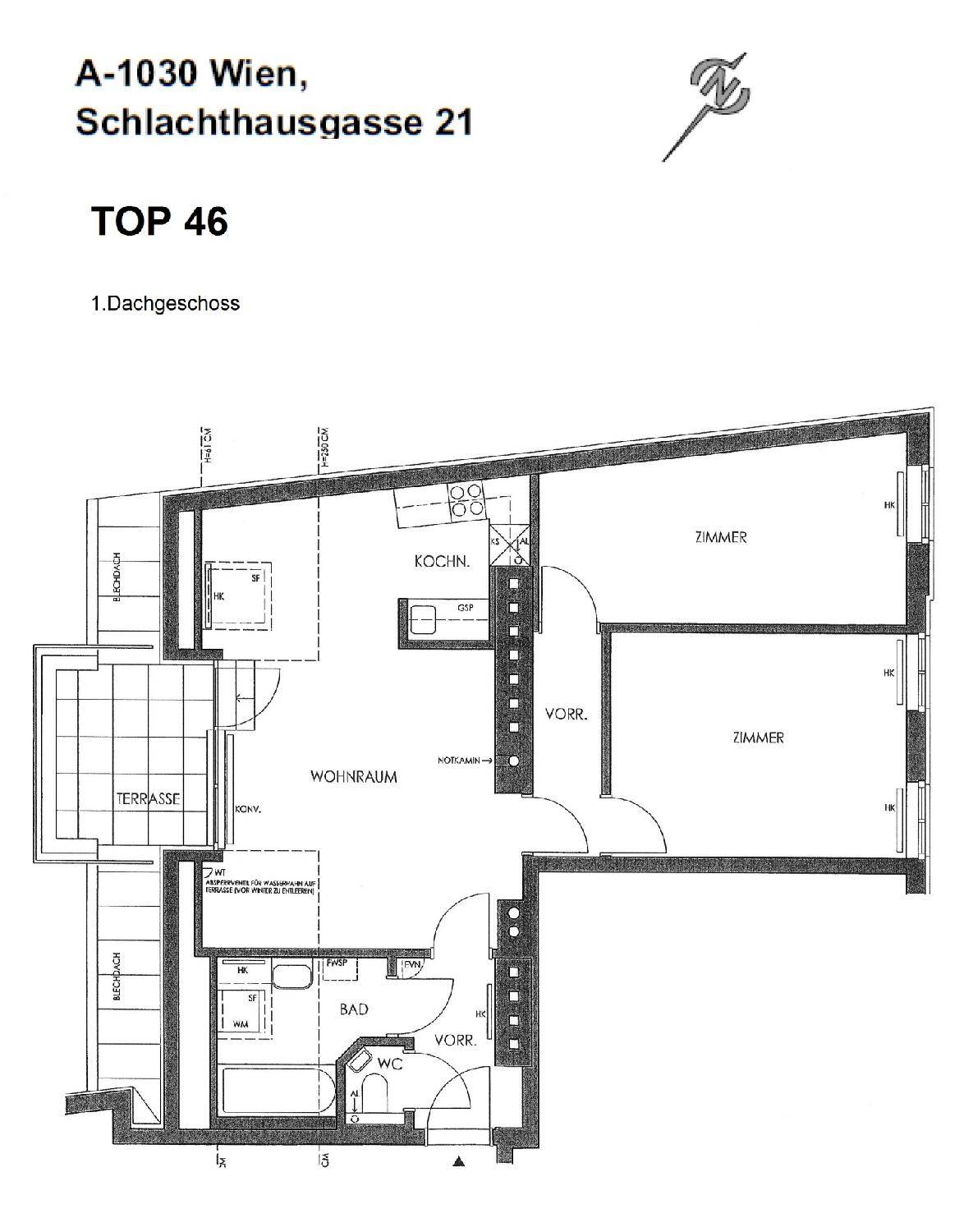 Grundriss der Dachgeschosswohnung mit Terrasse, Wohnraum, Küche und zwei Zimmern.