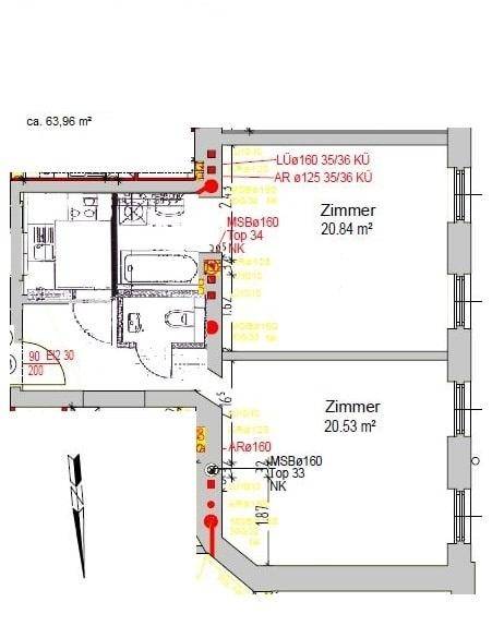 Grundriss einer Wohnung mit zwei Zimmern und Bad auf einer Fläche von ca. 63,96 m².