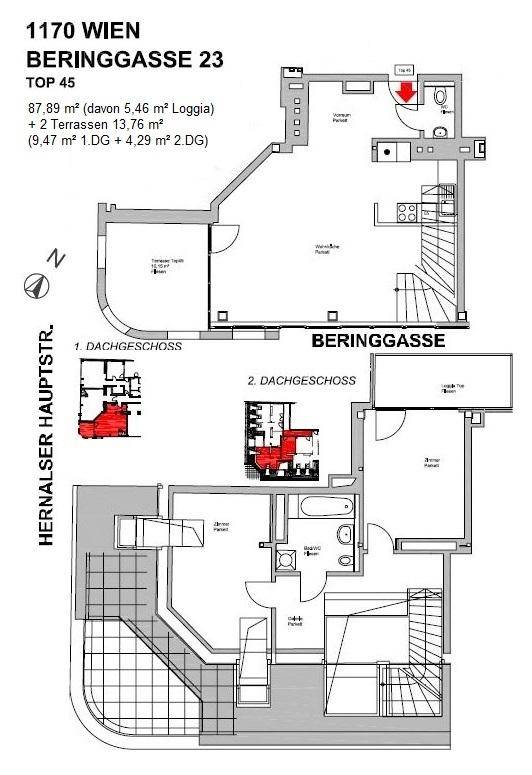 Grundrissplan einer Maisonette-Wohnung über zwei Dachgeschosse mit Loggia und Terrassen.