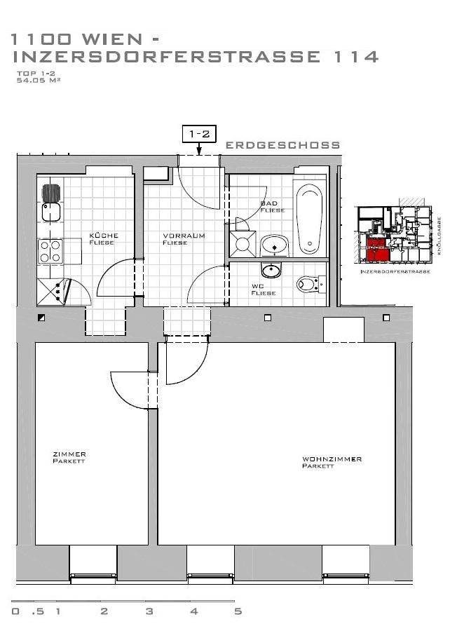 Grundriss der Erdgeschosswohnung Top 1-2 mit 54.05 m², inklusive Küche und Bad.