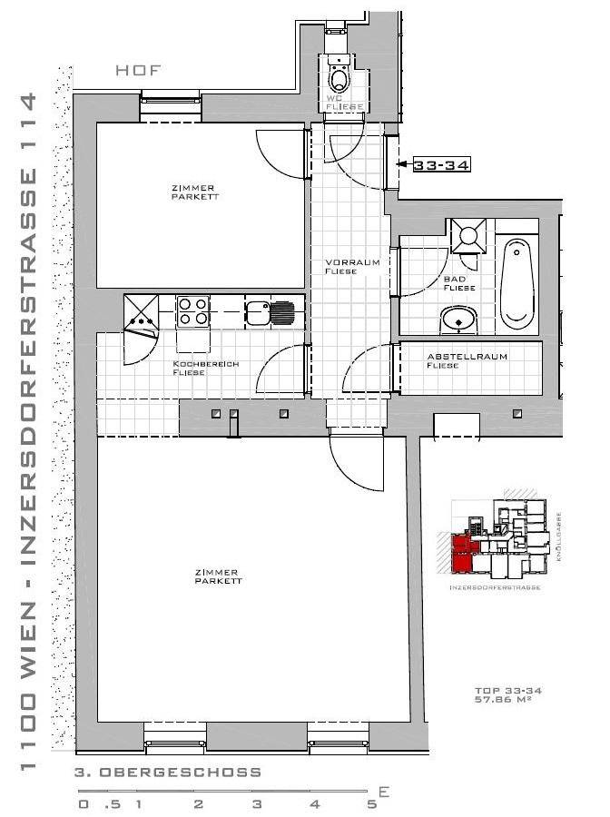 Grundriss einer Wohnung im dritten Obergeschoss mit zwei Zimmern und separater Küche.