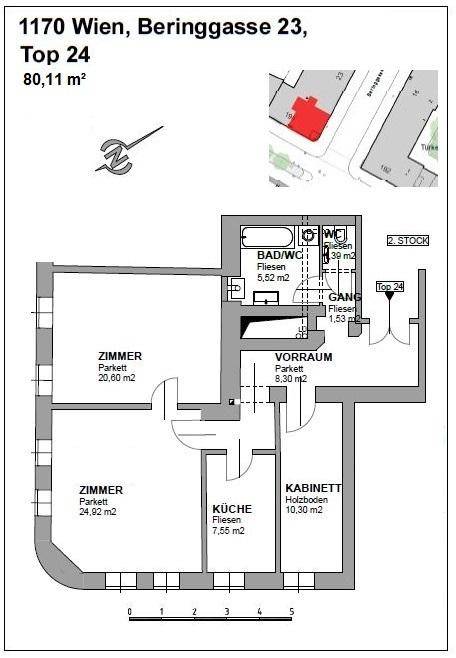 Grundriss der Wohnung Top 24 mit 80,11 m², zeigt Zimmer, Küche und Bad.