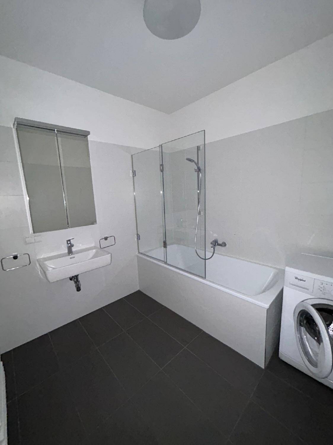 Modernes Badezimmer mit Badewanne, Duschabtrennung, Waschbecken und Waschmaschine.