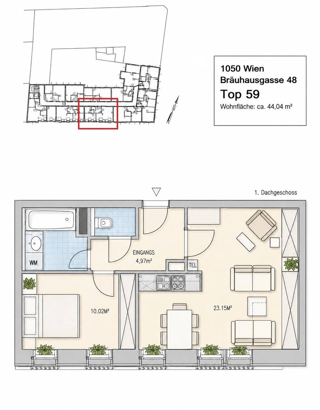 Grundriss der Wohnung Top 59 mit 44,04 m², Schlafzimmer, Bad und offenem Wohnbereich.