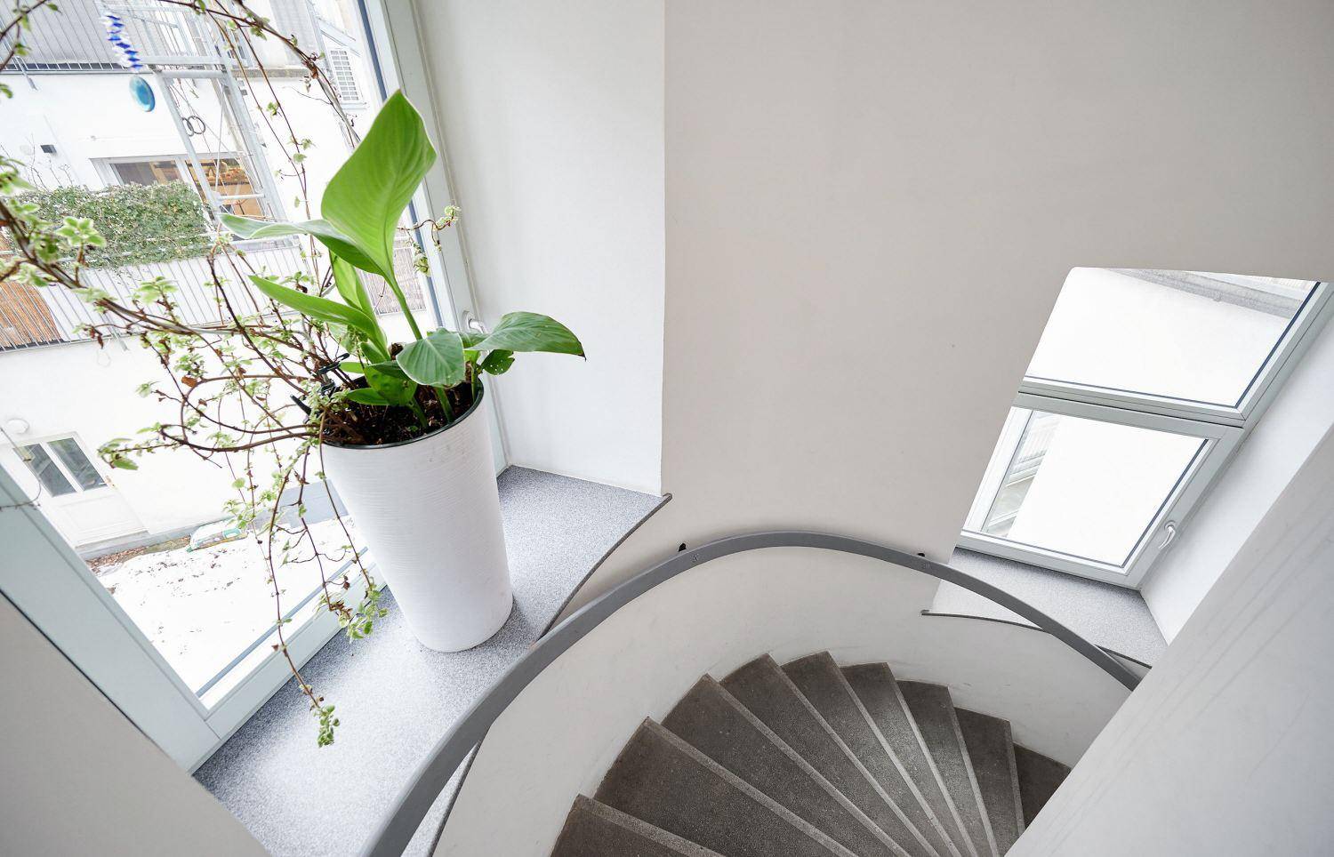 Elegante Wendeltreppe mit natürlichem Lichteinfall durch ein Oberlicht und Fenster.