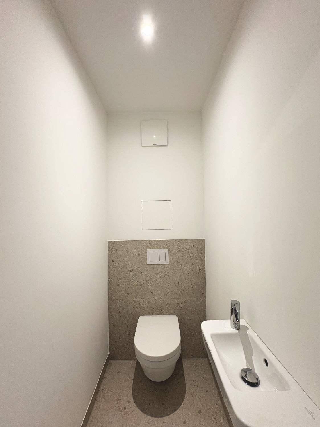 Modernes Gäste-WC mit wandhängender Toilette und kleinem Waschbecken, in schlichtem Design.